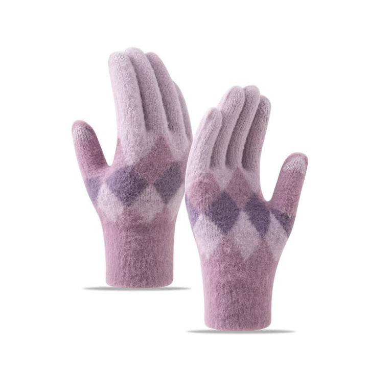 Gants tricotés en peluche chaude à motif de losanges colorés
