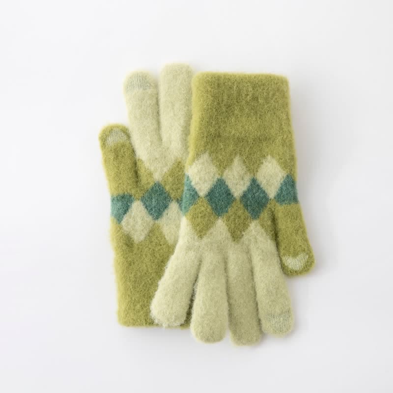 Gants tricotés en peluche chaude à motif de losanges colorés