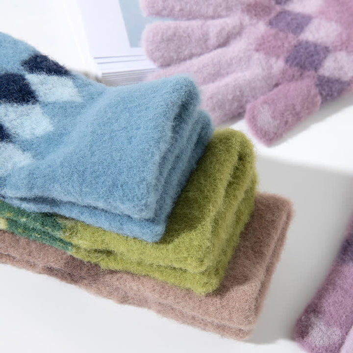 Gants tricotés en peluche chaude à motif de losanges colorés
