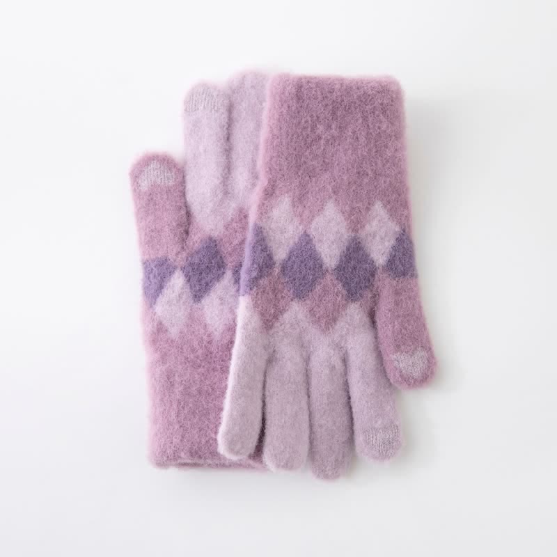 Gants tricotés en peluche chaude à motif de losanges colorés