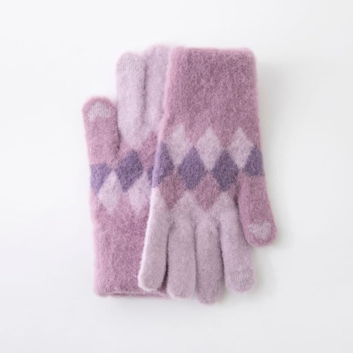 Gants tricotés en peluche chaude à motif de losanges colorés