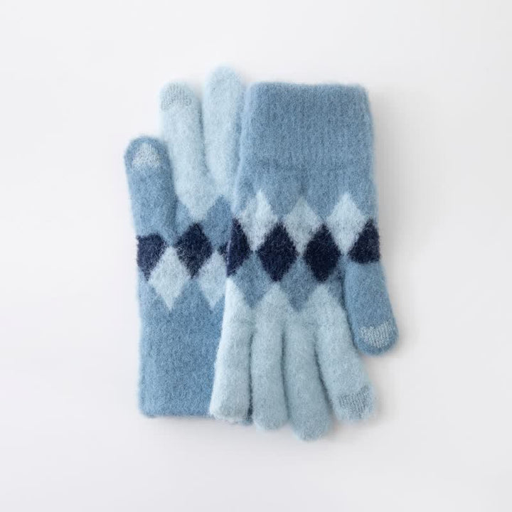 Gants tricotés en peluche chaude à motif de losanges colorés