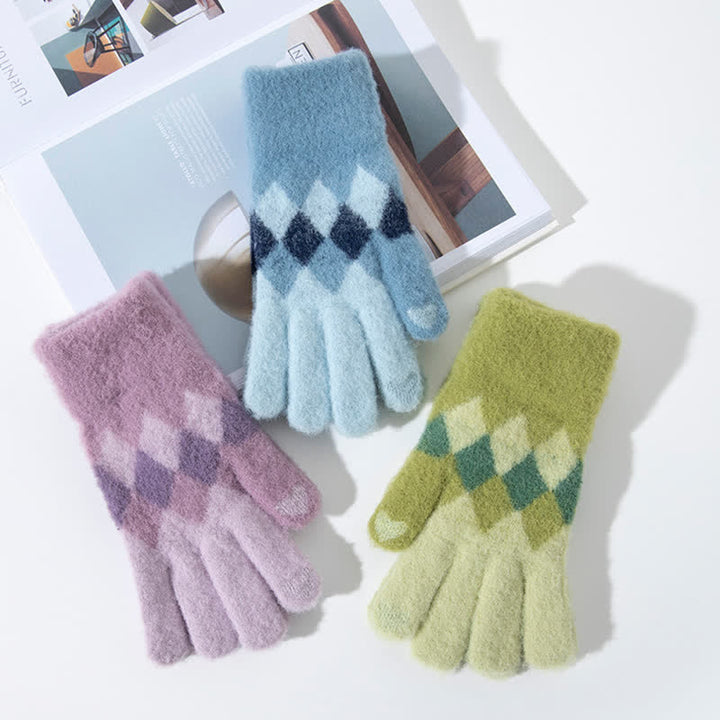 Gants tricotés en peluche chaude à motif de losanges colorés