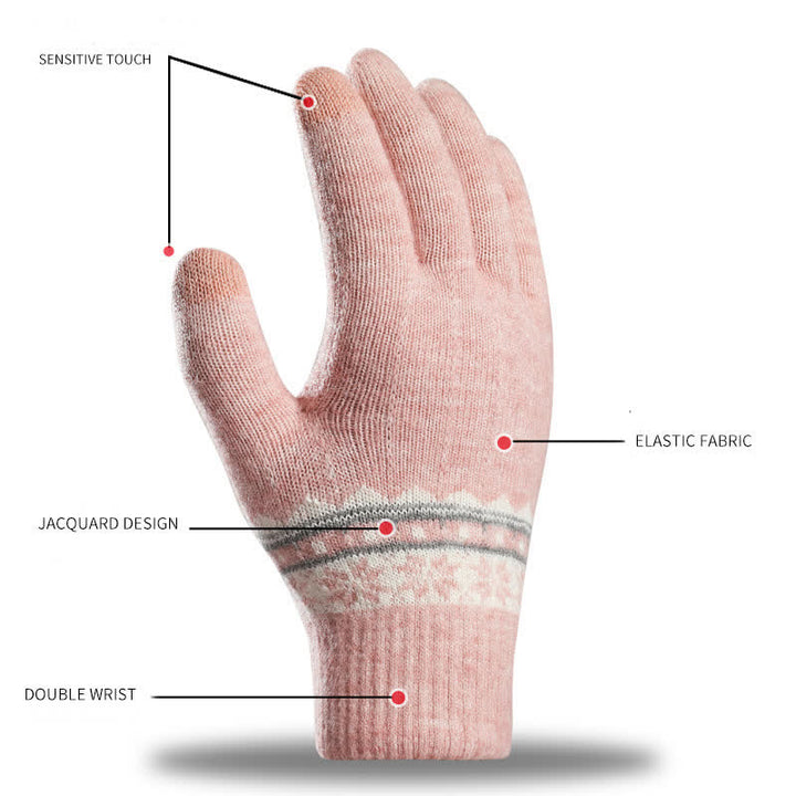 Gants tricotés chauds à poignets extensibles en jacquard flocon de neige