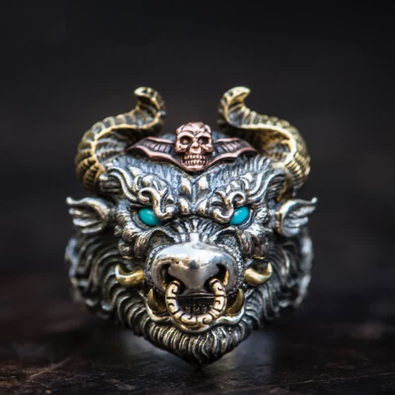 Bague ajustable à ouverture pour homme avec motif de chèvre fantôme de l'enfer du diable
