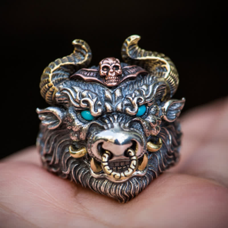 Bague ajustable à ouverture pour homme avec motif de chèvre fantôme de l'enfer du diable