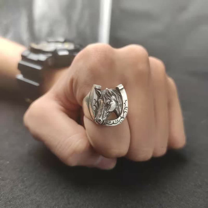 Bague ajustable à ouverture pour homme avec motif de taureau et de cheval dominant