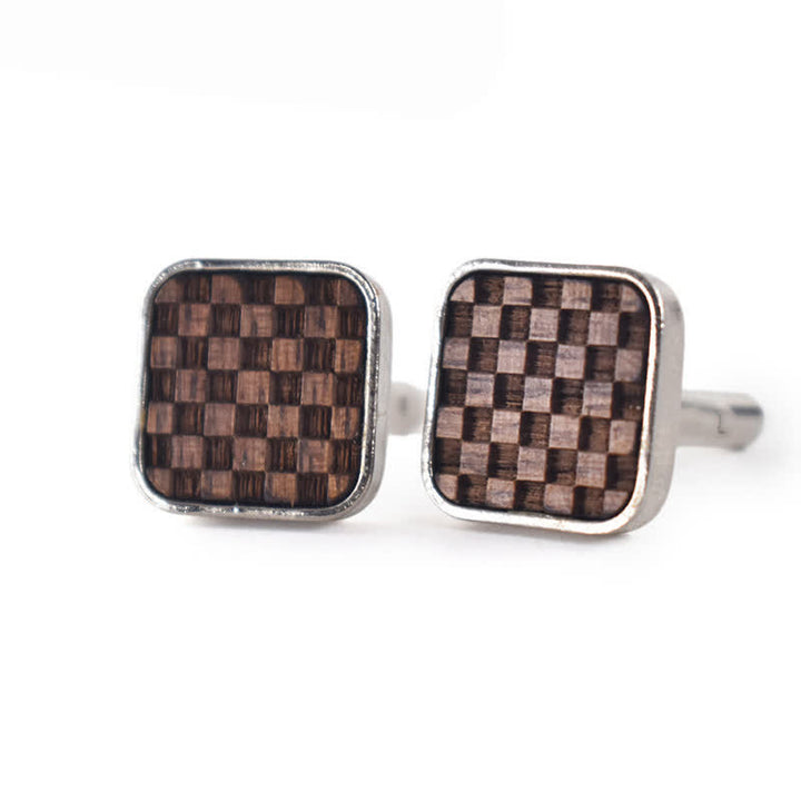 Boutons de manchette en bois à petits carreaux foncés pour hommes - image 3