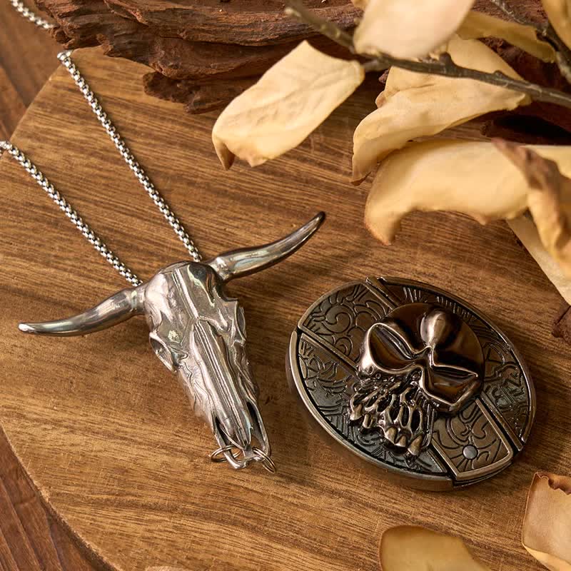 Ensemble de boucles de ceinture, couteau caché, pendentif en forme de tête de mort, longhorn, vache, bolo tie