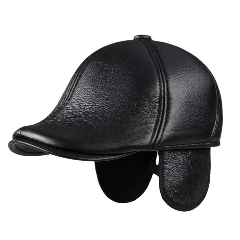 Béret en cuir avec cache-oreilles chauds et bonnet en lierre noir - image 0