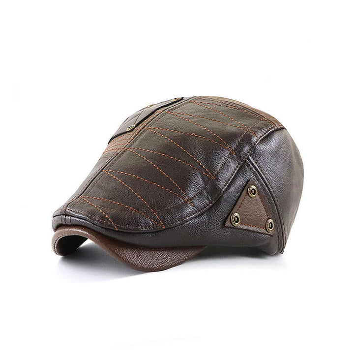 Béret en cuir à coutures tendance et contraste de couleurs - Café noir - Réglable (22"-23 5/8") - image 7