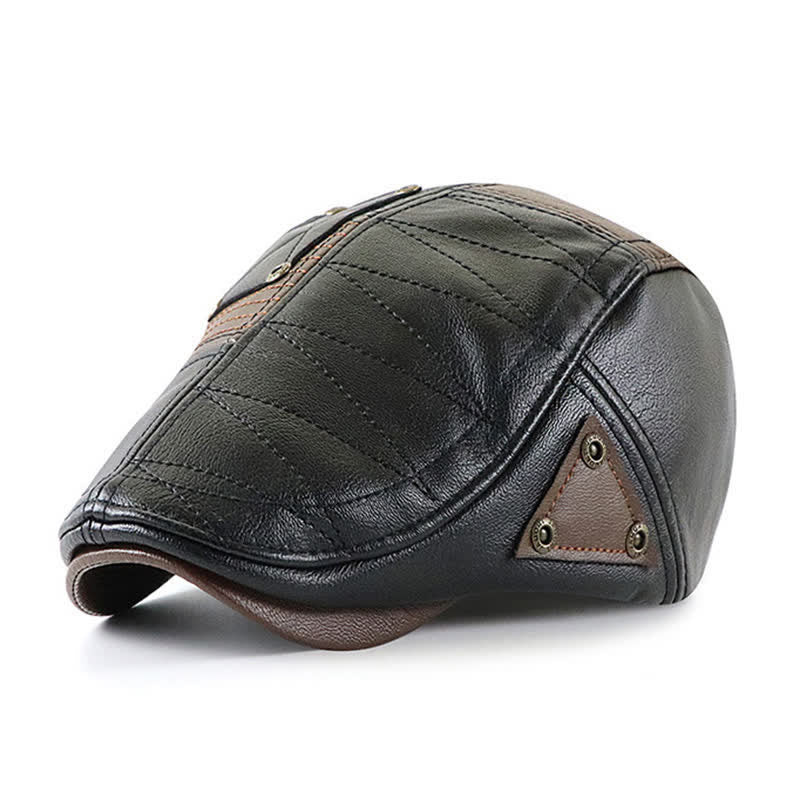 Béret en cuir à coutures tendance et contraste de couleurs - Noir - Réglable (22"-23 5/8") - image 0