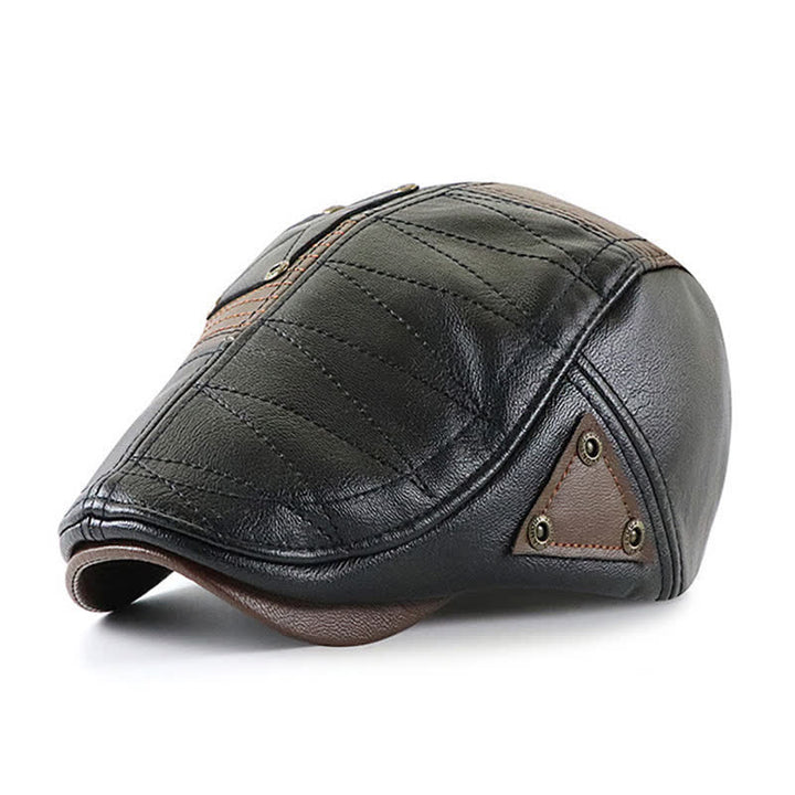 Béret en cuir à coutures tendance et contraste de couleurs - Noir - Réglable (22"-23 5/8") - image 0