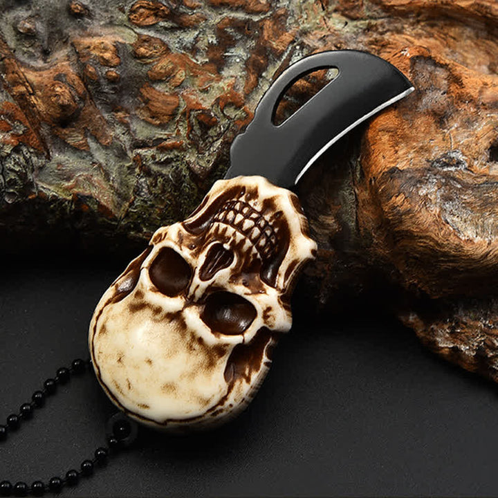 Collier porte-clés mini couteau pliant créatif avec chaîne et tête de mort
