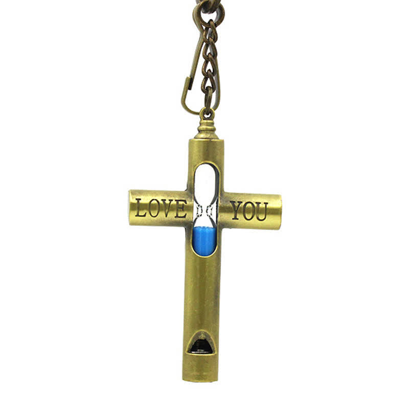 Porte-clés sifflet croix sablier intemporel "Je t'aime"