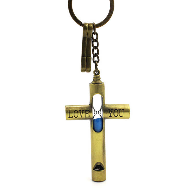 Porte-clés sifflet croix sablier intemporel "Je t'aime"