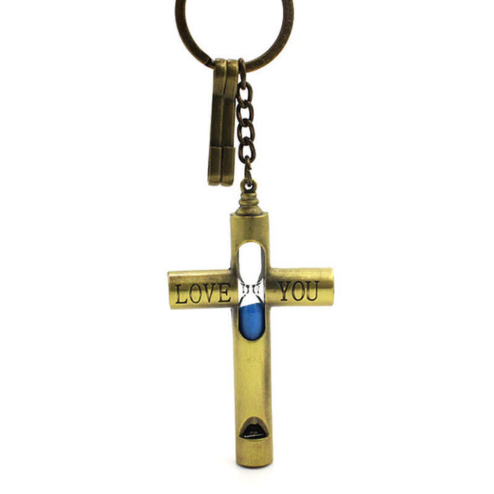 Porte-clés sifflet croix sablier intemporel "Je t'aime"