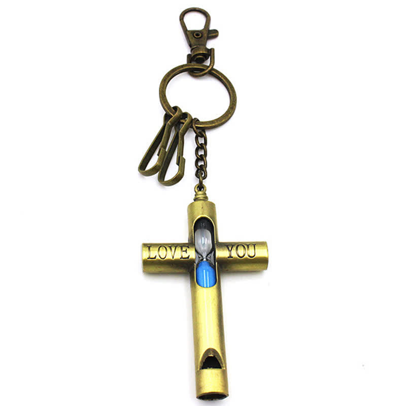 Porte-clés sifflet croix sablier intemporel "Je t'aime"