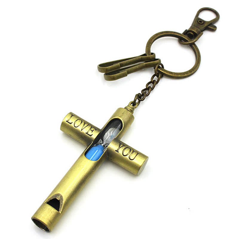 Porte-clés sifflet croix sablier intemporel "Je t'aime"