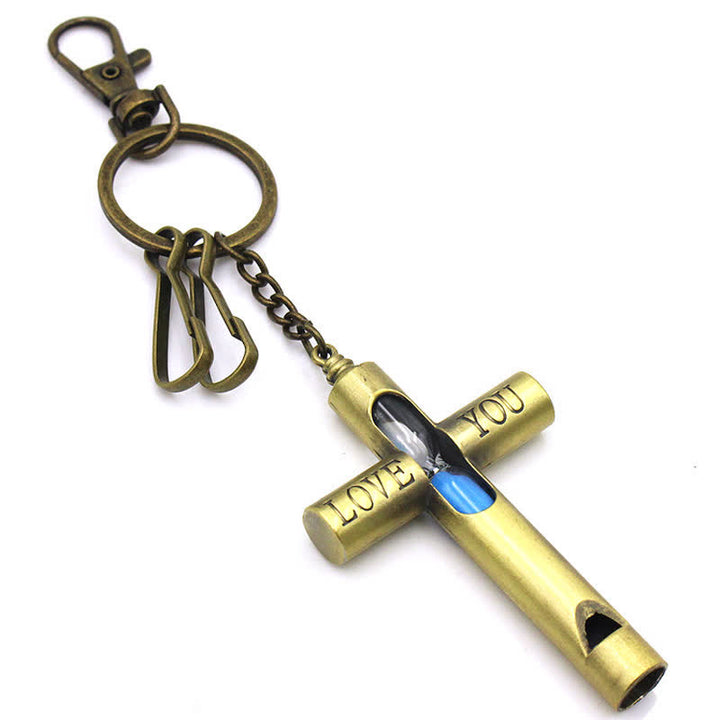 Porte-clés sifflet croix sablier intemporel "Je t'aime"