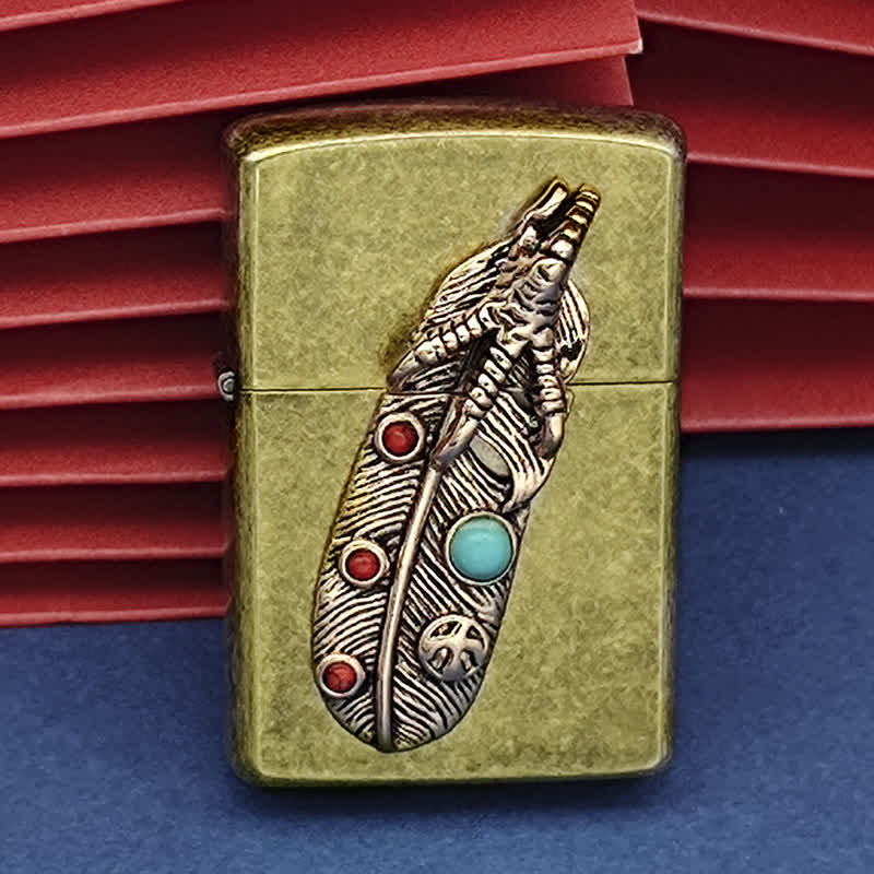 Briquet à pétrole rechargeable en fausse plume d'aigle turquoise
