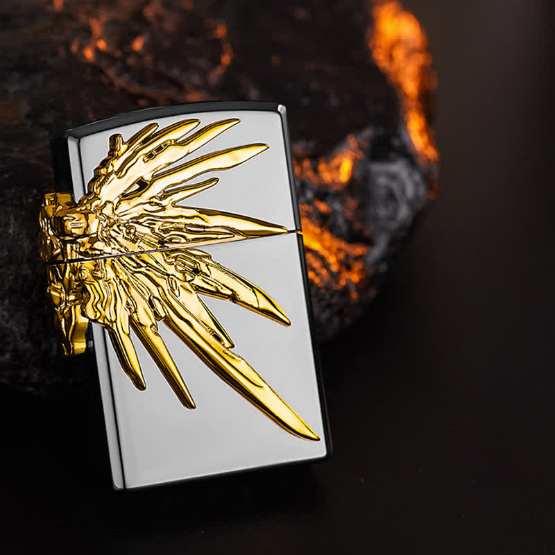 Briquet au butane rechargeable à trois côtés avec ailes en relief 3D