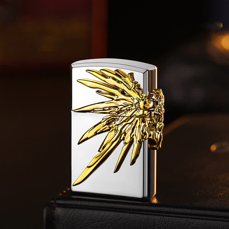 Briquet à butane rechargeable Three Sides 3D Wings Relief - Argent et or - image 4