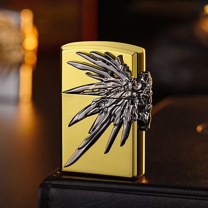 Briquet au butane rechargeable à trois côtés avec ailes en relief 3D - Or et gris - image 7