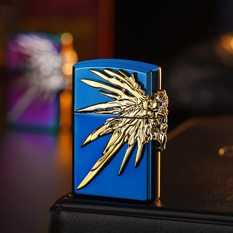 Briquet au butane rechargeable à trois côtés avec ailes en relief 3D - Bleu et or - image 8