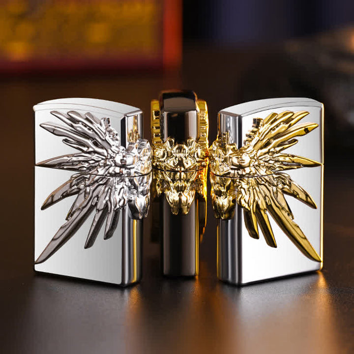Briquet au butane rechargeable à trois côtés avec ailes en relief 3D
