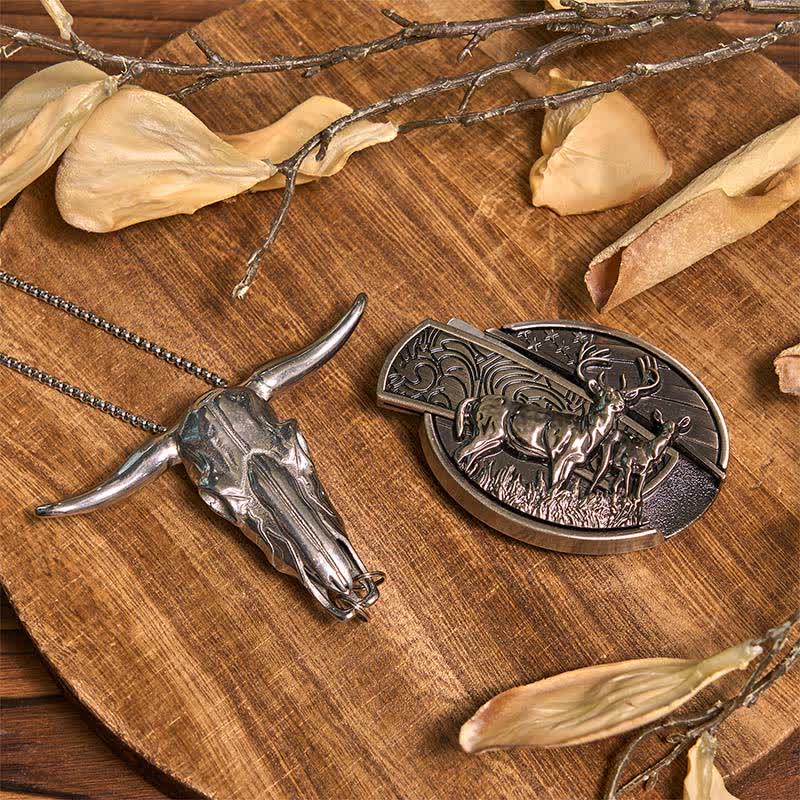 Ensemble de boucles de ceinture, couteau caché, pendentif à cornes longues, anneau de taureau, cerf, DIY