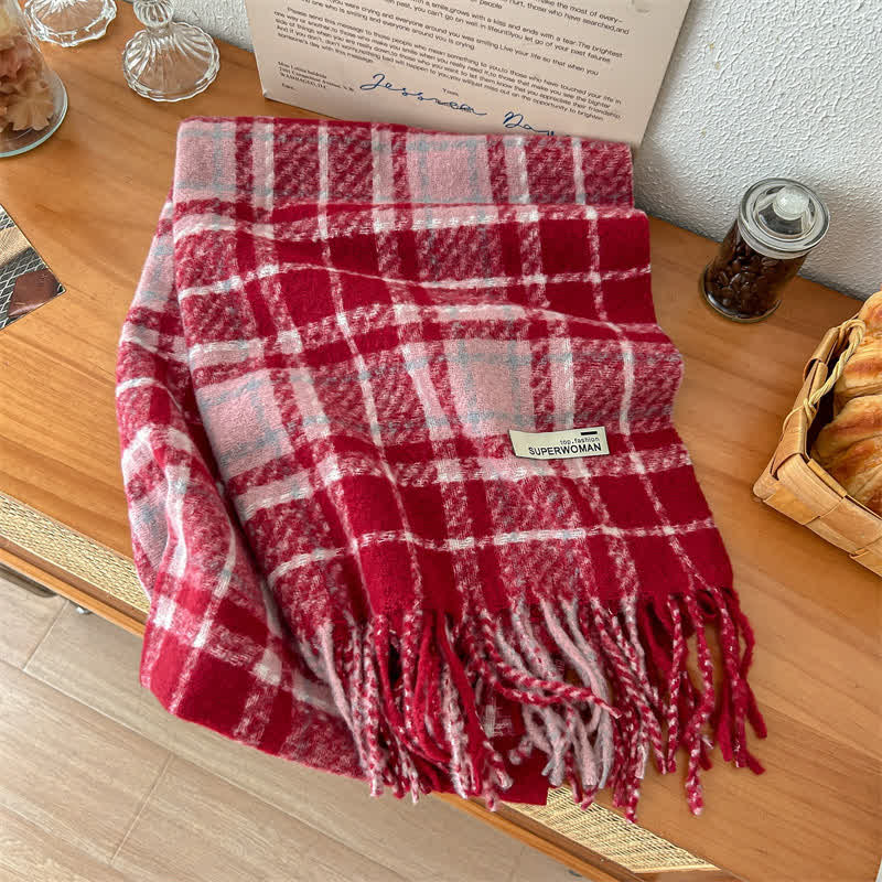 Écharpe unisexe oversize chaude d'hiver à carreaux et pompons, avec pompons. - Rouge - image 12