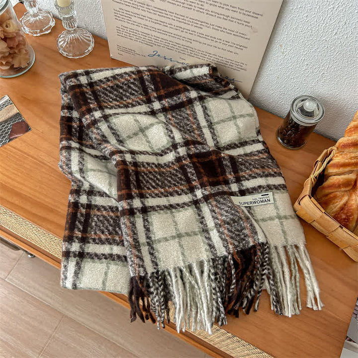 Écharpe unisexe oversize chaude d'hiver à carreaux et pompons, avec pompons. - Ivoire et café - image 2