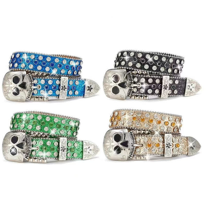 Ceinture en cuir cloutée avec boucle tête de mort et strass