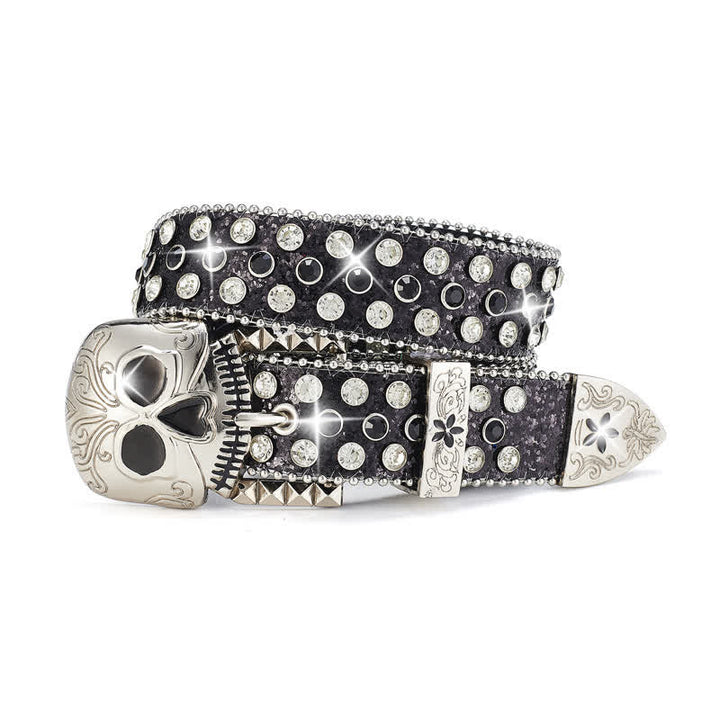 Ceinture en cuir cloutée avec boucle tête de mort et strass