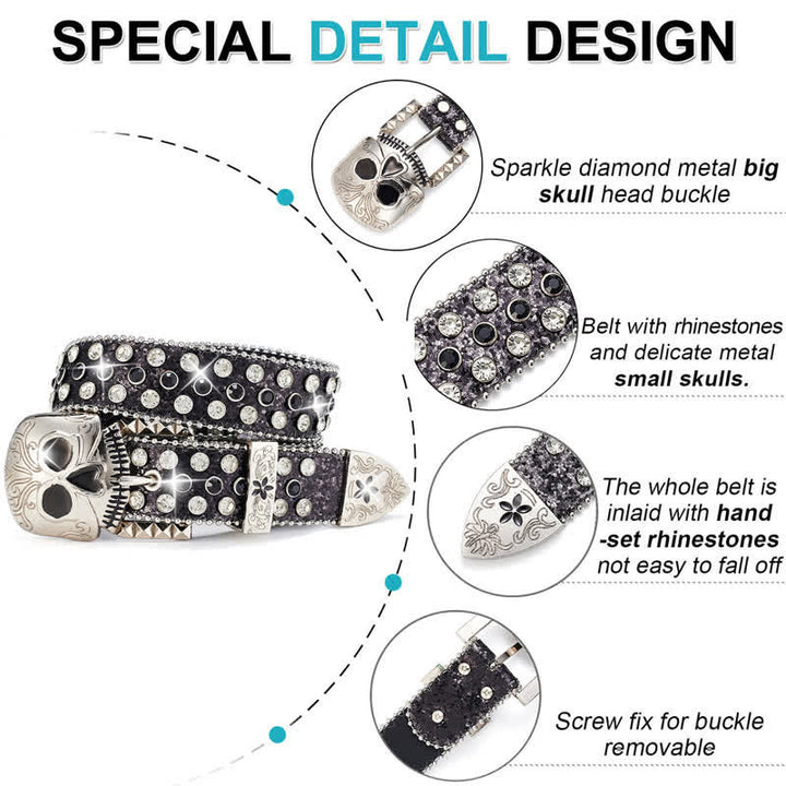 Ceinture en cuir cloutée avec boucle tête de mort et strass