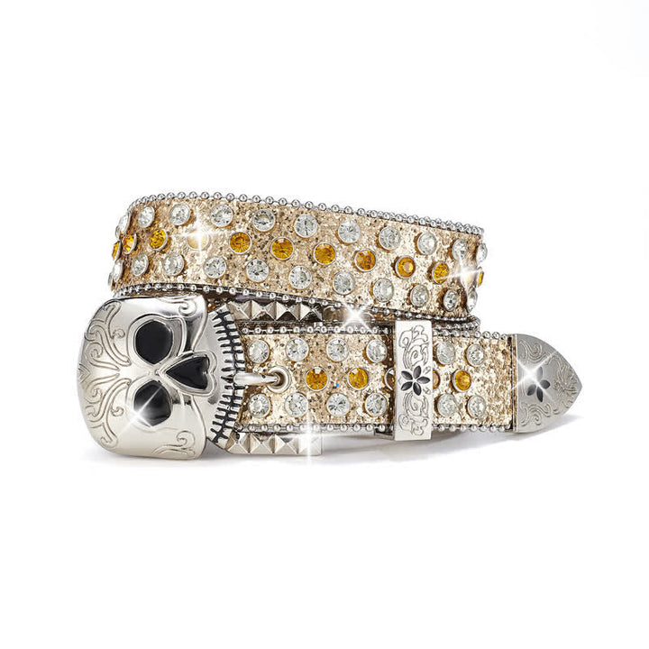 Ceinture en cuir cloutée avec boucle tête de mort et strass