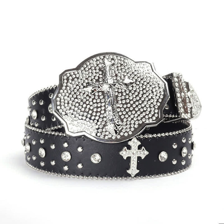 Ceinture en cuir cloutée avec boucle croisée brillante et strass