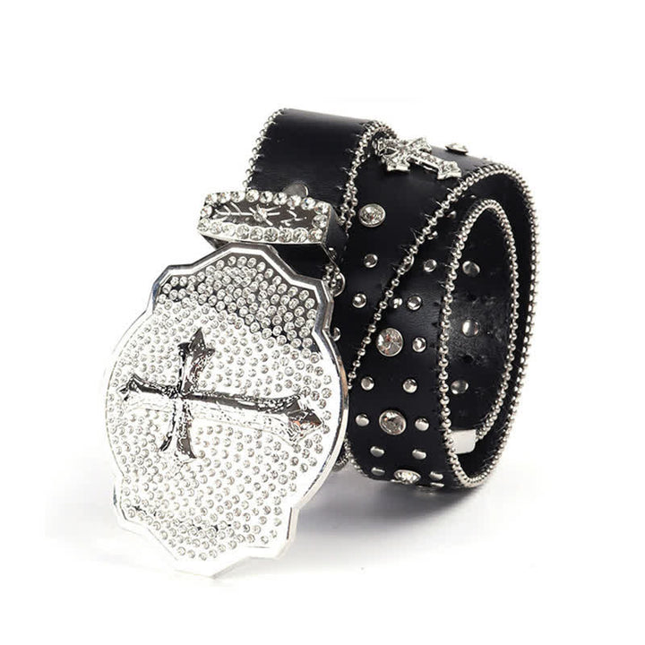 Ceinture en cuir cloutée avec boucle croisée brillante et strass