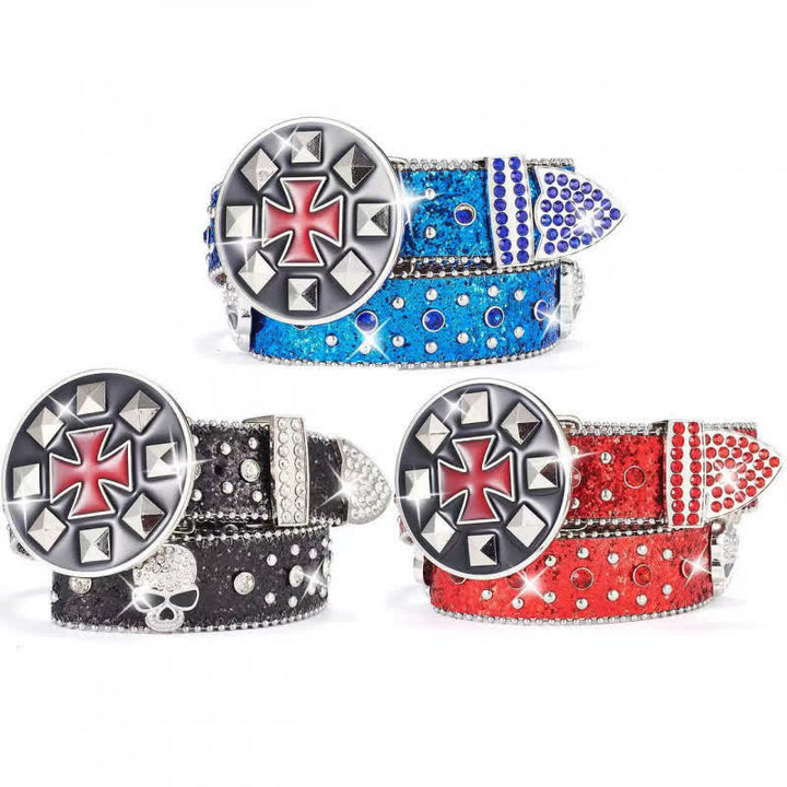 Ceinture en cuir cloutée avec boucle croisée vintage et strass