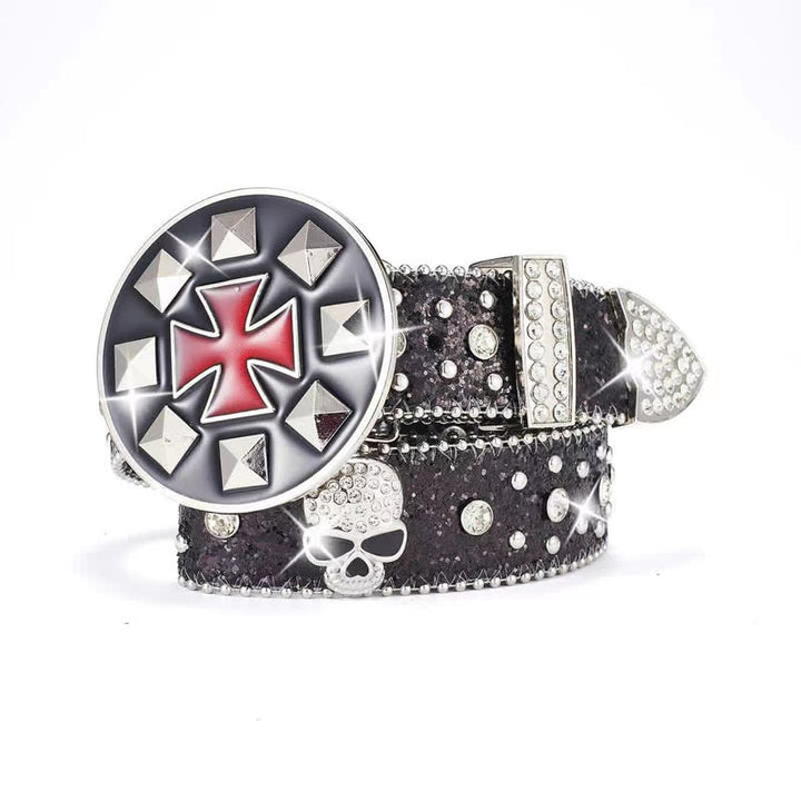 Ceinture en cuir cloutée avec boucle croisée vintage et strass