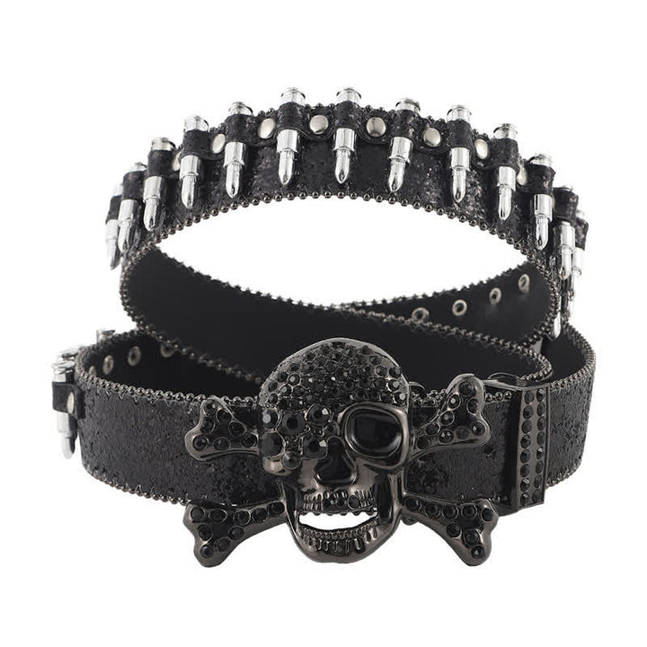 Ceinture en cuir avec boucle en strass et tête de mort