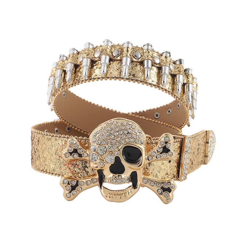 Ceinture en cuir avec boucle en strass et tête de mort