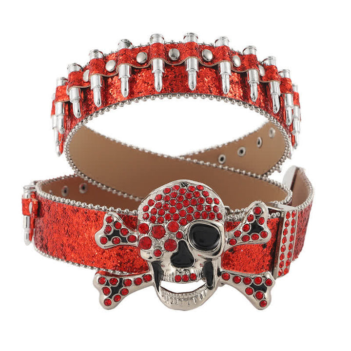 Ceinture en cuir avec boucle en strass et tête de mort
