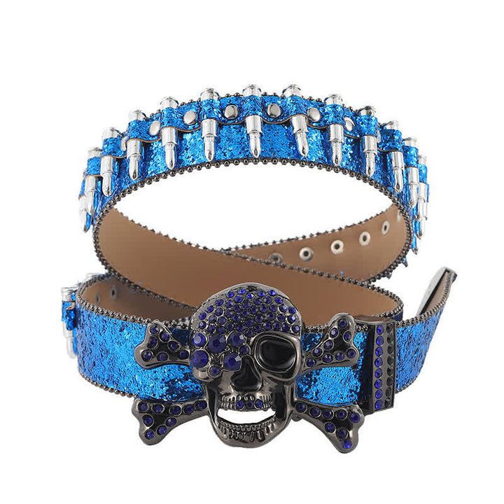 Ceinture en cuir avec boucle en strass et tête de mort