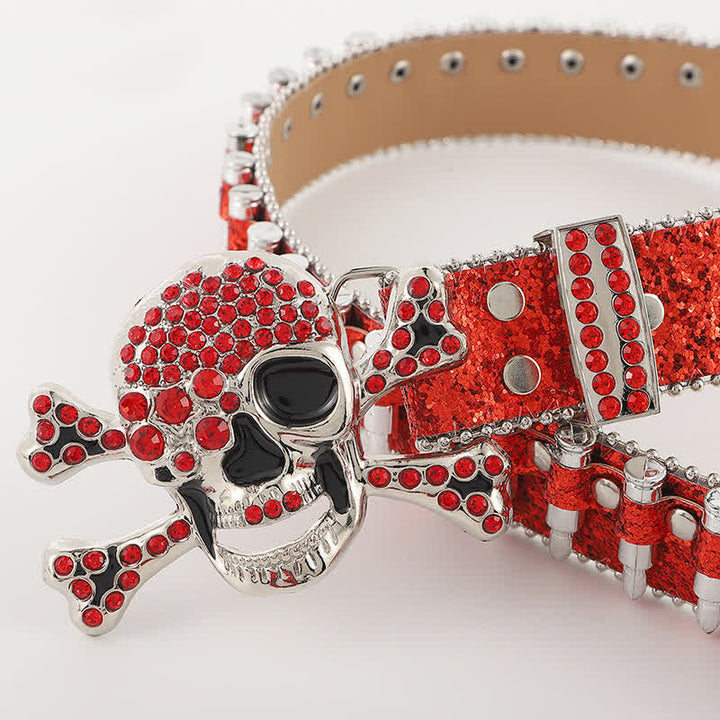Ceinture en cuir avec boucle en strass et tête de mort