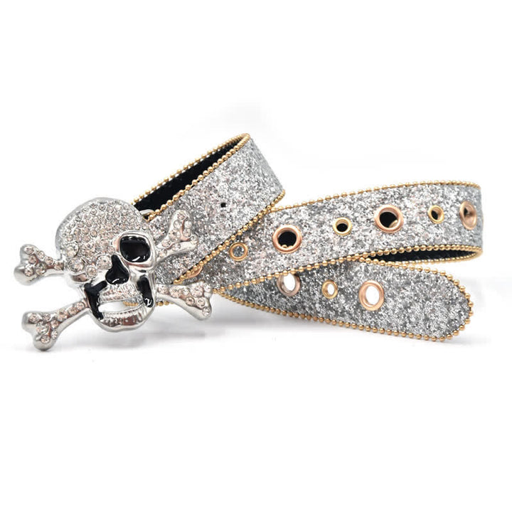 Ceinture en cuir à paillettes avec boucle tête de mort et bord en perles dorées