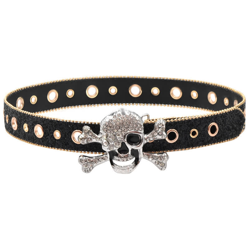 Ceinture en cuir à paillettes avec boucle tête de mort et bord en perles dorées