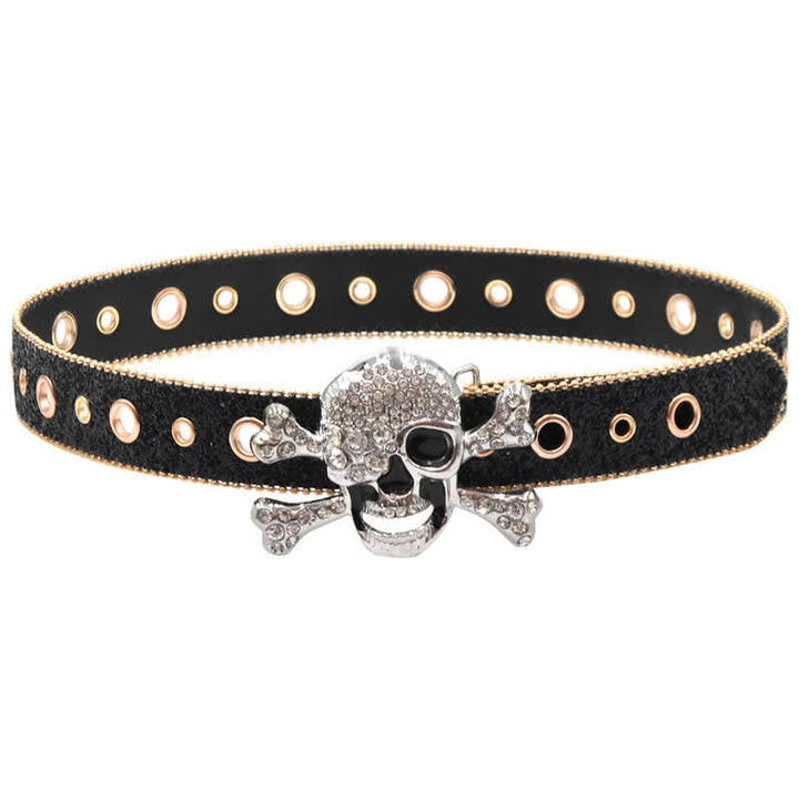 Ceinture en cuir à paillettes avec boucle tête de mort et bord en perles dorées