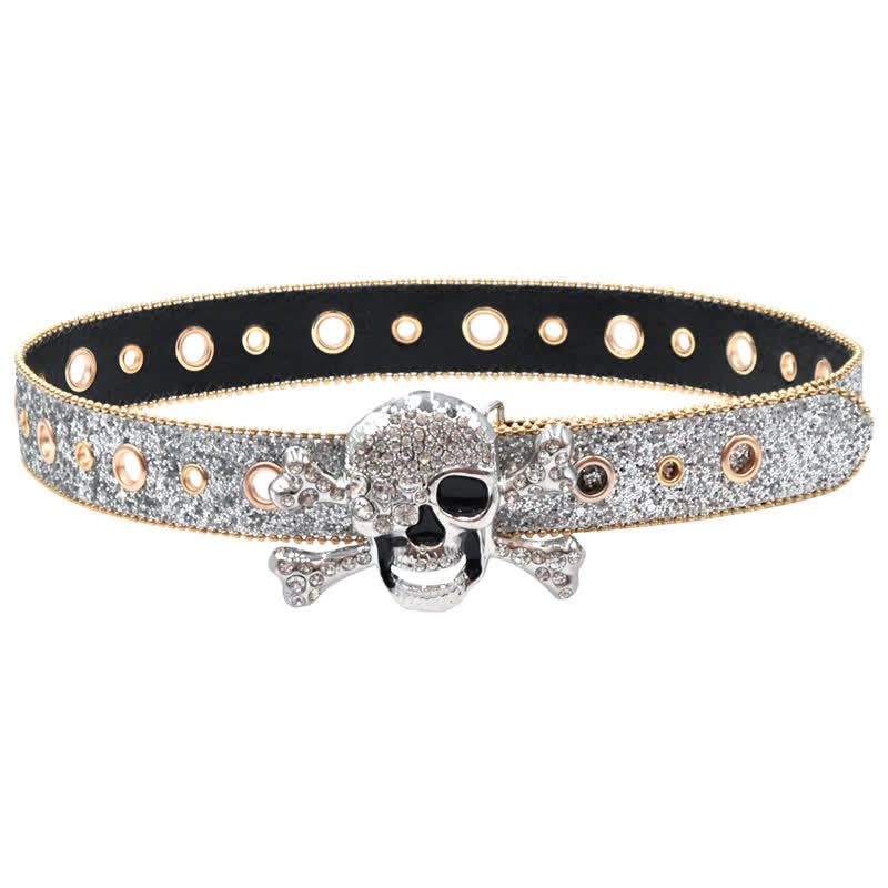 Ceinture en cuir à paillettes avec boucle tête de mort et bord en perles dorées